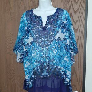 Chico's Shear Blue White V-Neck Paisley Top Size 3 (XL) Handkerchief Sleeve